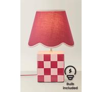 ValueLights Evie Check Cube Table Lamp with Trim Linen Scallop Lamp Shade & Bulb in Burgundy ValueLights Burgundy