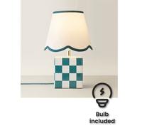 Valuelights Evie Check Cube Table Lamp With Trim Linen Scallop Lamp Shade And Bulb In Green Green