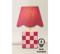 ValueLights Evie Check Cube Table Lamp with Trim Linen Scallop Lamp Shade & Bulb in Burgundy ValueLights Burgundy
