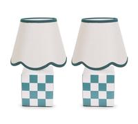 ValueLights | Pair of - Forest Green Cube Checkered Base Ceramic Table Lamp with Scallop Tapered Lampshade Bedside Light | Table Lamps & Home Improvements Essential