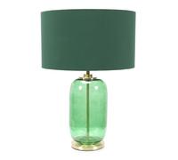 Forest Green Glass and Gold Detail Table Lamp with Drum Shade for Bedroom Bedside Table Light - LED Bulb Included