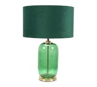 Forest Green Glass and Gold Detail Table Lamp with Velvet Drum Shade for Bedroom Bedside Table Light - LED Bulb Included