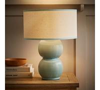 Valuelights Gemma Linen With Green Trim Drum Shade Stacked Ribbed Green Glazed Table Lamp
