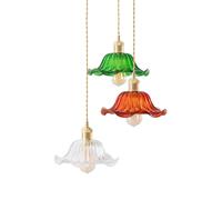ValueLights | Gold Hanging Triple Ceiling Pendant Light Fitting with Multi Coloured Frill Flower Lampshades | Pendant Lights, Home Décor & Improvement Essential | Includes Bulb | 420mm Shade Width