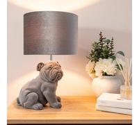 Valuelights Grey Velvet Bulldog Bedside Table Lamp With A Drum Lampshade Animal Bedroom Light