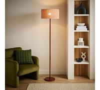 Valuelights Heather Dark Wood Floor Lamp With Orange Checkerboard Bamboo Shade
