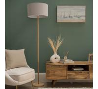 MiniSun | Modern Scandi Floor Lamp in a Light Wooden Finish with a Cool Grey Drum Shade | Floor Lamps & Torchieres, Home Décor, Improvement & Lifestyle Essential