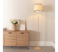 Valuelights Heather Light Wood Single Stem Floor Lamp With Scallop Black Trim Tapered Shade