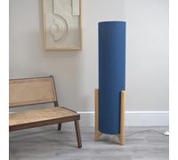 Valuelights Henry Wooden Oak Effect Midi Floor Lamp With Navy Blue Cylinder Shade