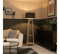 Natural Wood 3 Tier Shelf Wooden Floor Lamp with Boucle Shade Charcoal