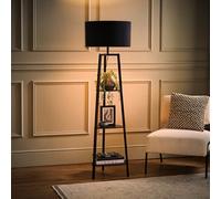 MiniSun | Black Wooden 3 Tier Floor Standard Lamp with Storage Shelves Bedroom Living Room Lounge Light - Black Shade + LED Bulb | Floor Lamps & Home Improvements Essential