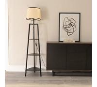 Hiru Black Three Tier Shelved Wooden Floor with Linen Trim Scallop Tapered Shade ValueLights Black One Size