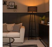 Valuelights Hiru Black 3 Tier Shelf Floor Lamp With Charcoal Drum Shade And Bulb