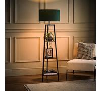 ValueLights Hiru Black 3 Tier Shelf Floor Lamp with Large Drum Shade & Bulb in Bottle Green ValueLights Bottle Green