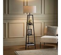 Valuelights Hiru Black 3 Tier Shelf Floor Lamp With Grey Drum Shade
