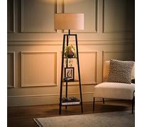 MiniSun | Black Wooden 3 Tier Floor Lamp with Storage Shelves and Grey Shade | Floor Lamps & Torchieres, Home Décor & Improvement Essential | Includes 6W LED E27 Light Bulb
