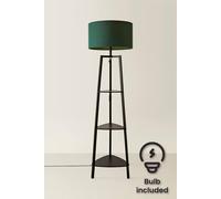 ValueLights Hiru Black 3 Tier Shelf Floor Lamp with Large Drum Shade & Bulb in Bottle Green ValueLights Bottle Green