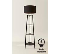 Valuelights Hiru Black 3 Tier Shelf Floor Lamp With Large Drum Shade And Bulb In True Black True Black