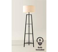Valuelights Hiru Linen Drum Shade Black 3 Tier Wood Shelf Floor Lamp And Bulb