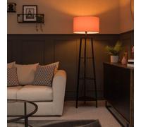 ValueLights Hiru Black 3 Tier Shelf Floor Lamp with Large Drum Shade & Bulb in Pale Pink ValueLights Pale Pink