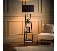 ValueLights Hiru Black 3 Tier Shelf Floor Lamp with Large Drum Shade & Bulb in Navy ValueLights Navy