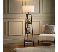 MiniSun | Black Wooden 3 Tier Floor Standard Lamp with Storage Shelves Bedroom Living Room Lounge Light - White Shade | Floor Lamps & Home Improvements Essential