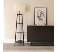 Hiru Black Three Tier Shelved Wooden Floor with Linen Trim Drum Lamp Shade ValueLights White One Size
