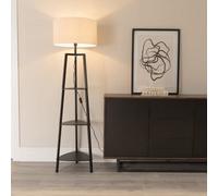 Valuelights Hiru Black 3 Tier Shelf Floor Lamp With White Trim Linen Shade And Bulb