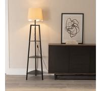 Hiru Black Three Tier Wooden Floor with Linen Trim Scallop Tapered Shade & Bulb ValueLights White One Size