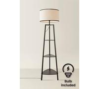 Hiru Black 3 Tier Shelved Wooden Floor with Linen Trim Drum Lamp Shade & Bulb ValueLights Black One Size