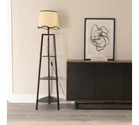 Hiru Black Three Tier Wooden Floor with Linen Trim Scallop Tapered Shade & Bulb ValueLights Black One Size