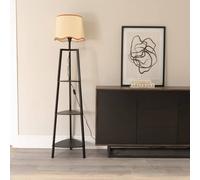 ValueLights Hiru Black 3 Tier Wood Shelf Floor Lamp with Trim Linen Scallop Shade in Burnt Orange ValueLights Burnt Orange