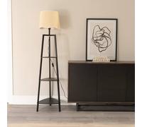Hiru Black Three Tier Wooden Floor with Linen Trim Scallop Tapered Shade & Bulb ValueLights White One Size