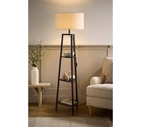 Valuelights Hiru Large Linen Drum Shade Black 3 Tier Wooden Shelf Floor Lamp