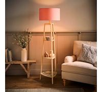 ValueLights Hiru Cream 3 Tier Wooden Shelf Floor Lamp with Drum Shade & Bulb in Pale Pink ValueLights Pale Pink
