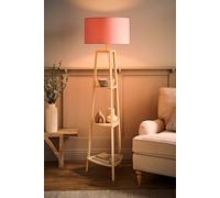 ValueLights Hiru Cream 3 Tier Wooden Shelf Floor Lamp with Drum Shade & Bulb in Pale Pink ValueLights Pale Pink