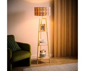 Valuelights Hiru Diamond Print Bamboo Shade Natural 3 Tier Wood Shelf Floor Lamp And Bulb
