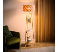 Valuelights Hiru Geo Print Bamboo Shade Natural 3 Tier Wood Shelf Floor Lamp And Bulb