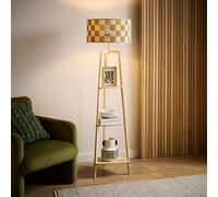 Valuelights Hiru Green Check Bamboo Shade Natural 3 Tier Wood Shelf Floor Lamp