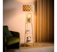 Valuelights Hiru Green Check Bamboo Shade Natural 3 Tier Wood Shelf Floor Lamp And Bulb