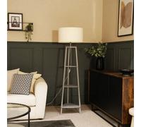 Hiru Grey 3 Tier Wooden Shelf Floor Lamp with Boucle Drum Shade ValueLights Cream One Size