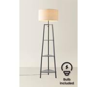 Valuelights Hiru Large Linen Shade Grey 3 Tier Wooden Shelf Floor Lamp And Bulb