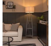 Valuelights Hiru Grey 3 Tier Shelf Floor Lamp With Large Drum Shade And Bulb In Light Grey Light Grey One Size
