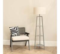 Hiru Grey 3 Tier Wood Shelf Floor Lamp with Trimmed Linen Drum Shade ValueLights White One Size