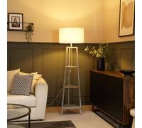 Valuelights Hiru Grey 3 Tier Wooden Shelf Floor Lamp With Boucle Drum Shade In Cream Cream One Size