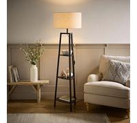Valuelights Hiru Large Linen Drum Shade Black 3 Tier Wooden Shelf Floor Lamp