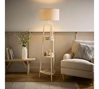 Valuelights Hiru Large Linen Drum Shade Cream 3 Tier Wooden Shelf Floor Lamp