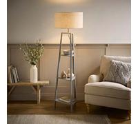 Valuelights Hiru Large Linen Drum Shade Grey 3 Tier Wooden Shelf Floor Lamp