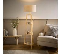 Valuelights Hiru Large Linen Drum Shade Natural 3 Tier Wooden Shelf Floor Lamp