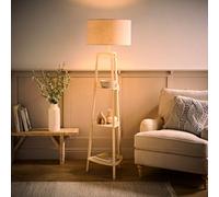 Valuelights Hiru Large Linen Shade Cream 3 Tier Wooden Shelf Floor Lamp And Bulb
